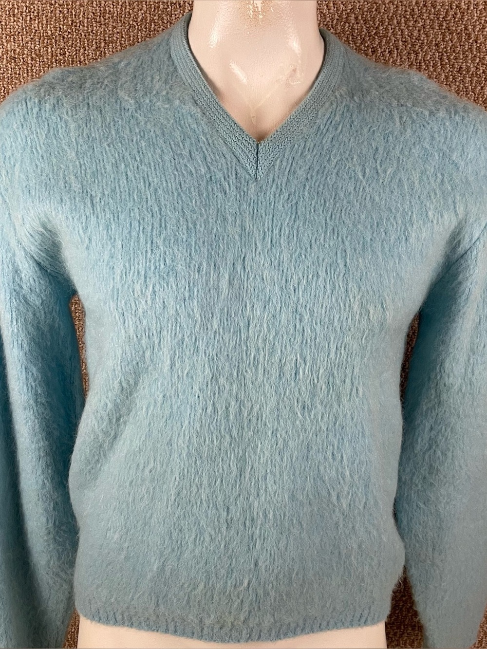 Vintage 60s Mohair shaggy Sweater Men’s M Jockey Aqua Shag Fuzzy Grunge Cobain C